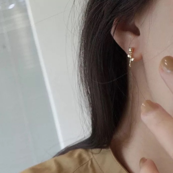 Sterling Silver Gold Toned Rose and Stem Flower Earrings - Picture 2 of 5